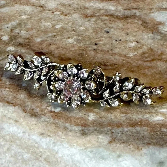Floral Crystal Rhinestone Medium Barrette/Hair Clip Gold Tone Setting - Picture 1 of 7